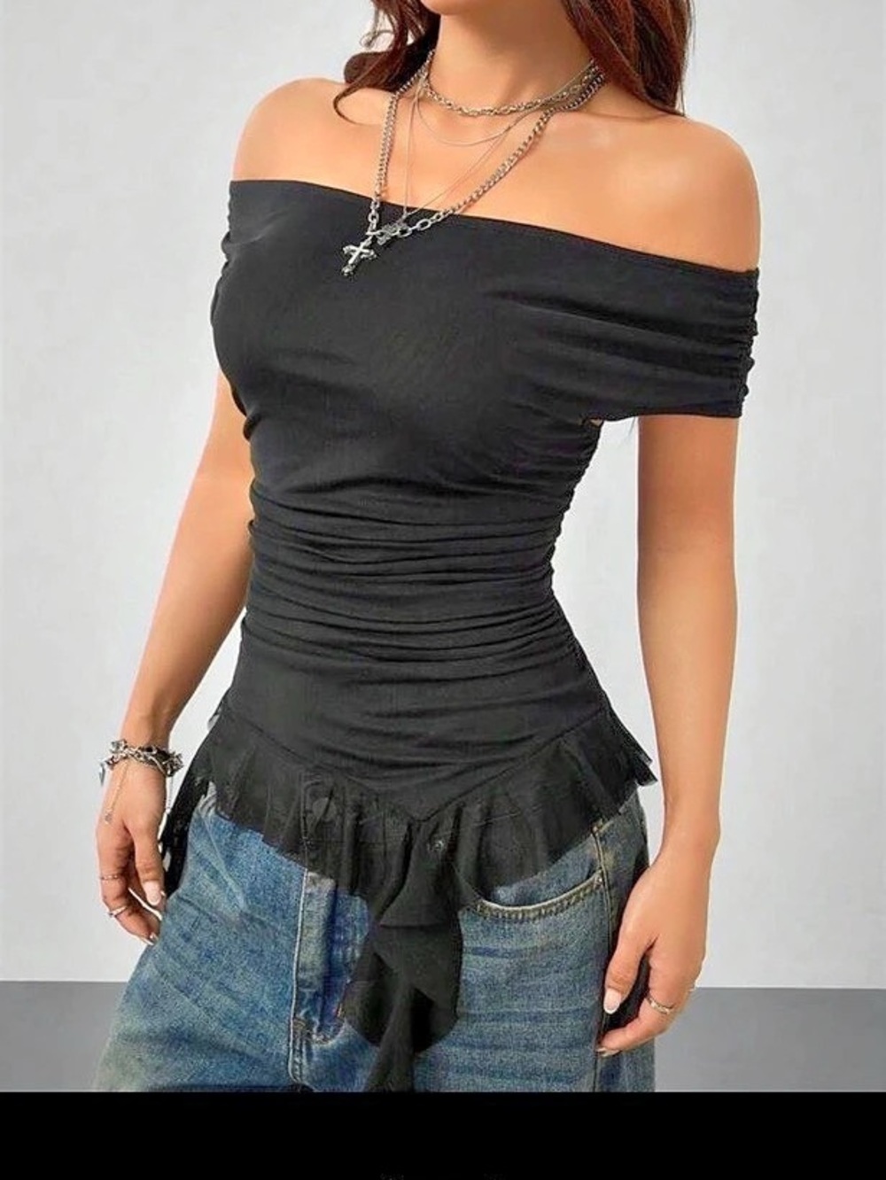 SHEIN Off-Shoulder Mesh Ruffle Asymmetrical Hem Top Crop Top - Black